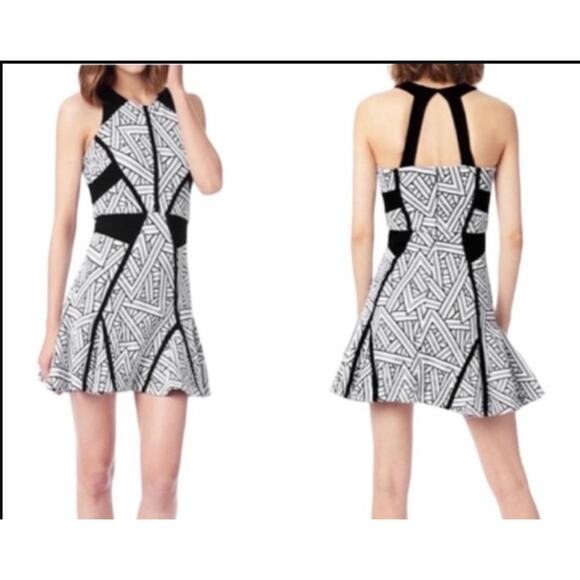 Parker Black White Geometric Textured Fitted Mini Dress Flounce Skirt - Picture 1 of 10